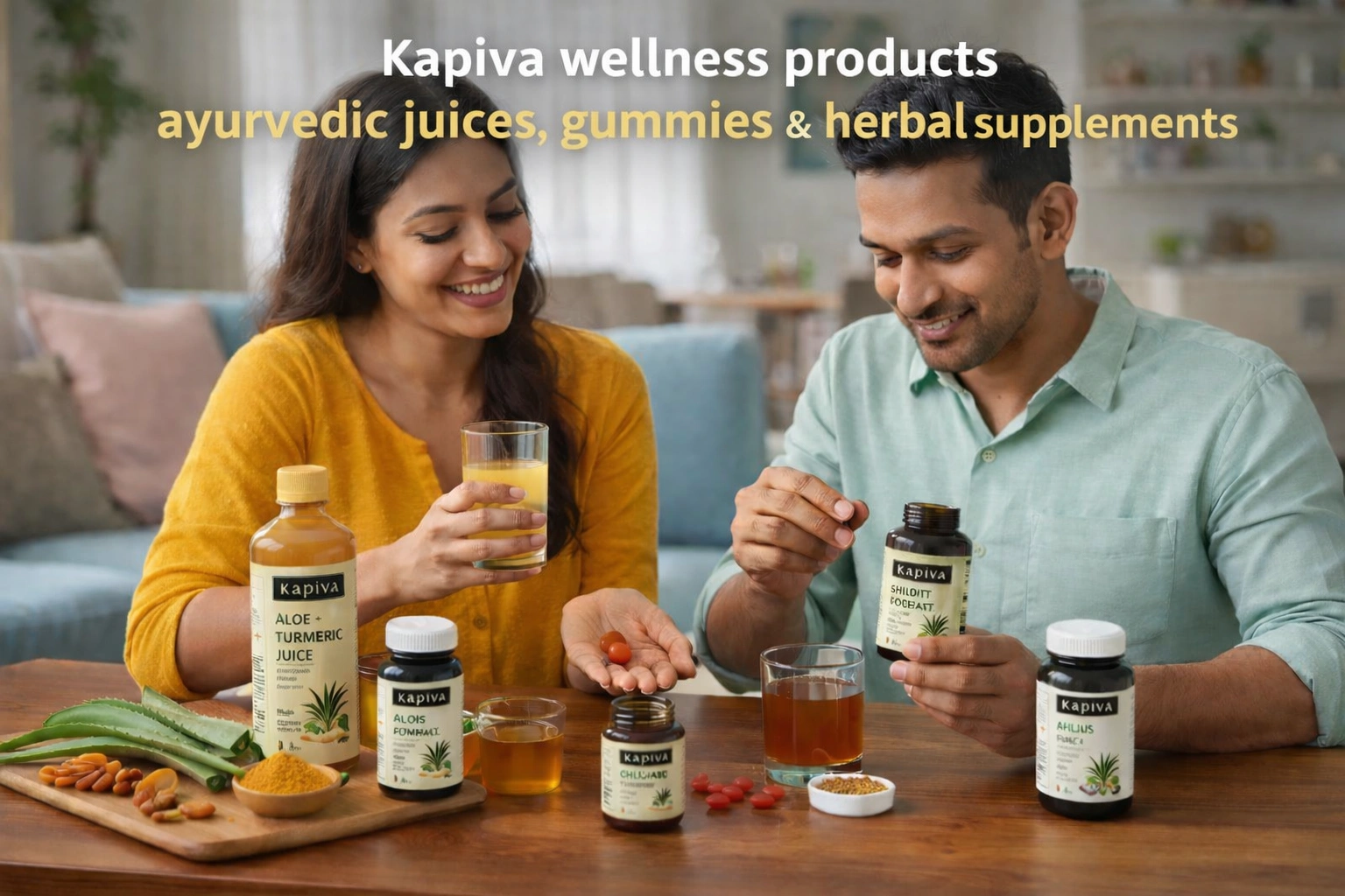 Kapiva wellness products showing ayurvedic juices gummies and herbal supplements in daily lifestyle