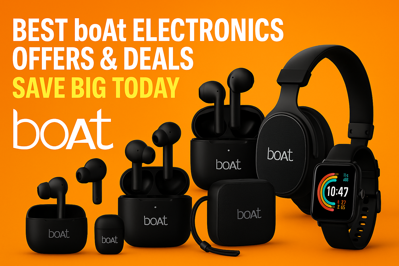 “boAt electronics products promotional banner including earbuds, headphones, smartwatch and speaker on orange background.”