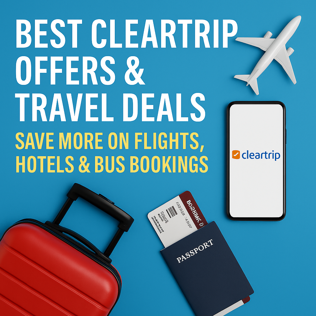 “Cleartrip travel deals banner featuring airplane model, smartphone with Cleartrip logo, red suitcase, passport and boarding pass on a blue background.”