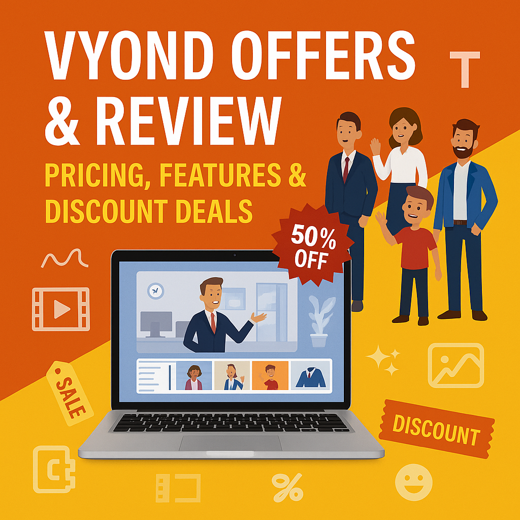 “Vyond offers and review banner with animated characters, laptop showing animation workspace, discount tag, bright orange-yellow background.”