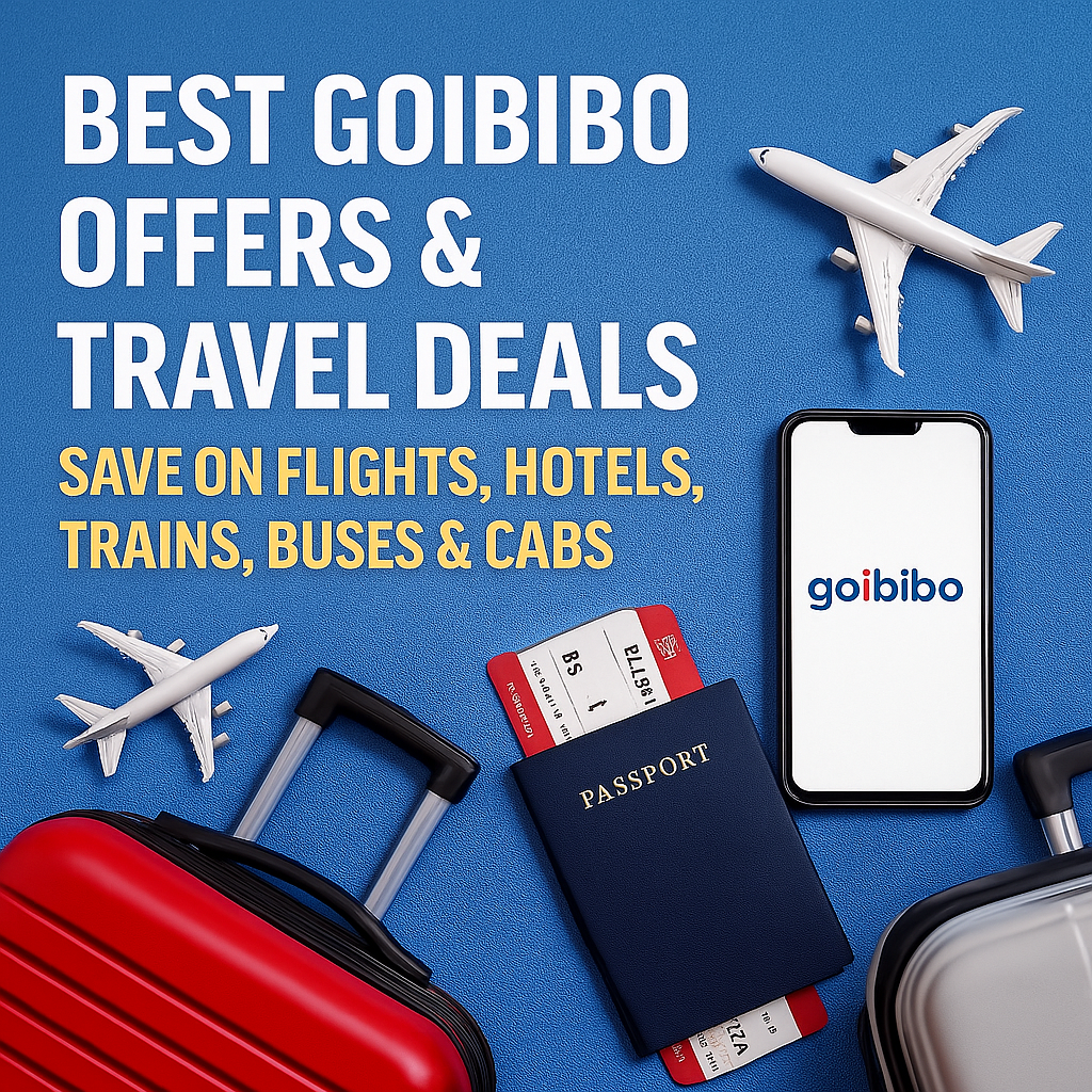 “Travel flat lay with passport, boarding pass, sunglasses, airplane model and smartphone displaying Goibibo logo on a bright blue background.”