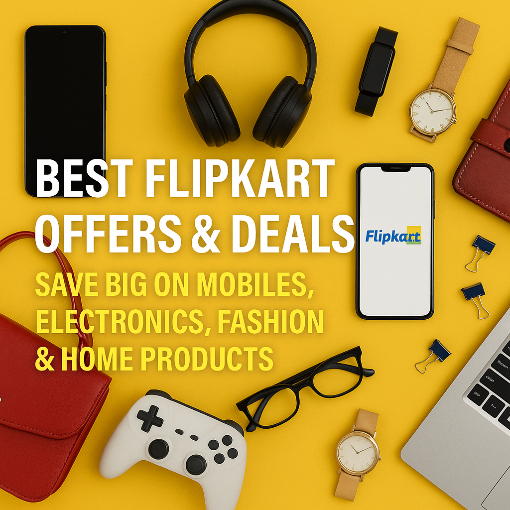 “Flipkart offers banner featuring smartphone, earphones, smartwatch, fashion accessories and shopping icons arranged on a bright blue and yellow background.”