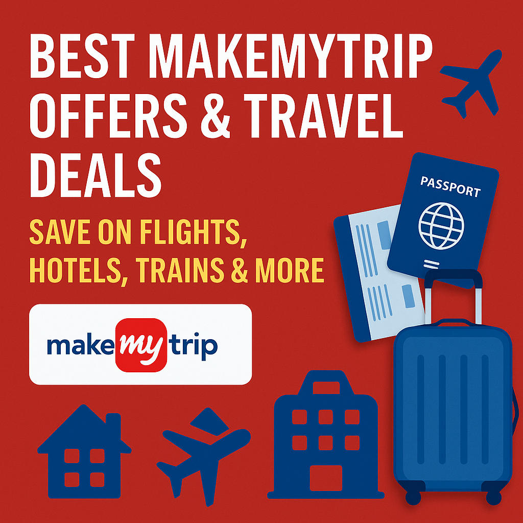 “MakeMyTrip offers banner with passport, boarding pass, suitcase, hotel icon and blue-red travel theme showing Best MakeMyTrip Offers & Travel Deals.”