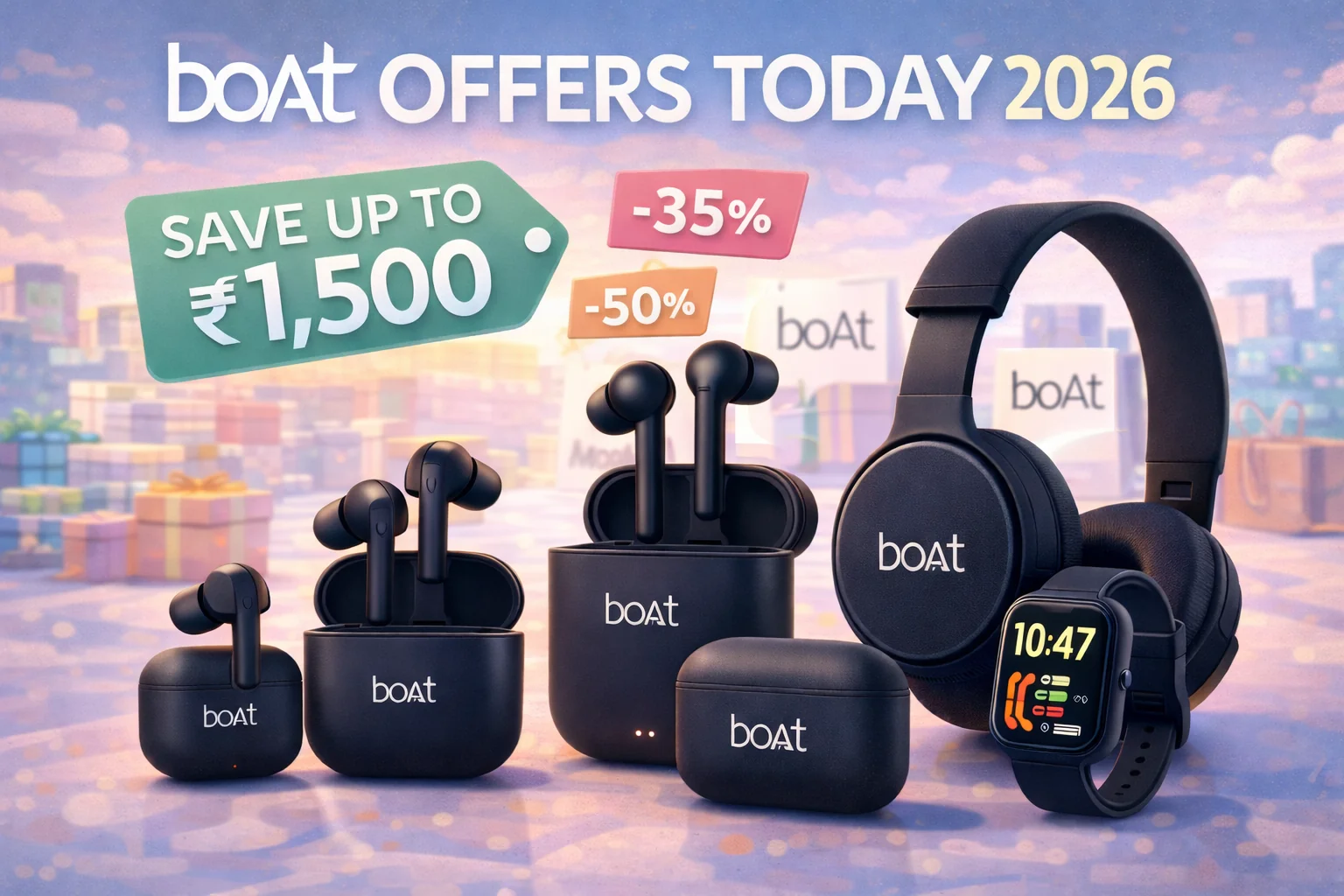 boAt offers today 2026 showing discounts on earbuds headphones and smartwatches