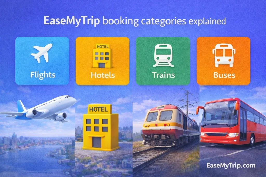 EaseMyTrip booking categories flights hotels trains and buses