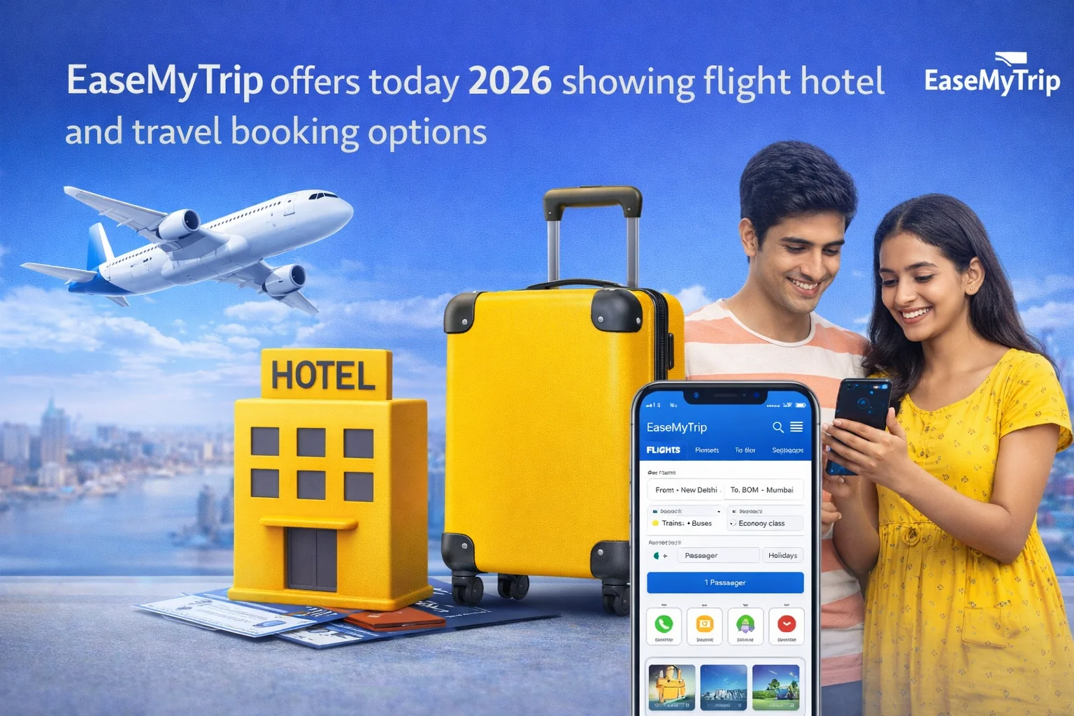 EaseMyTrip offers today 2026 showing flight hotel and travel booking options