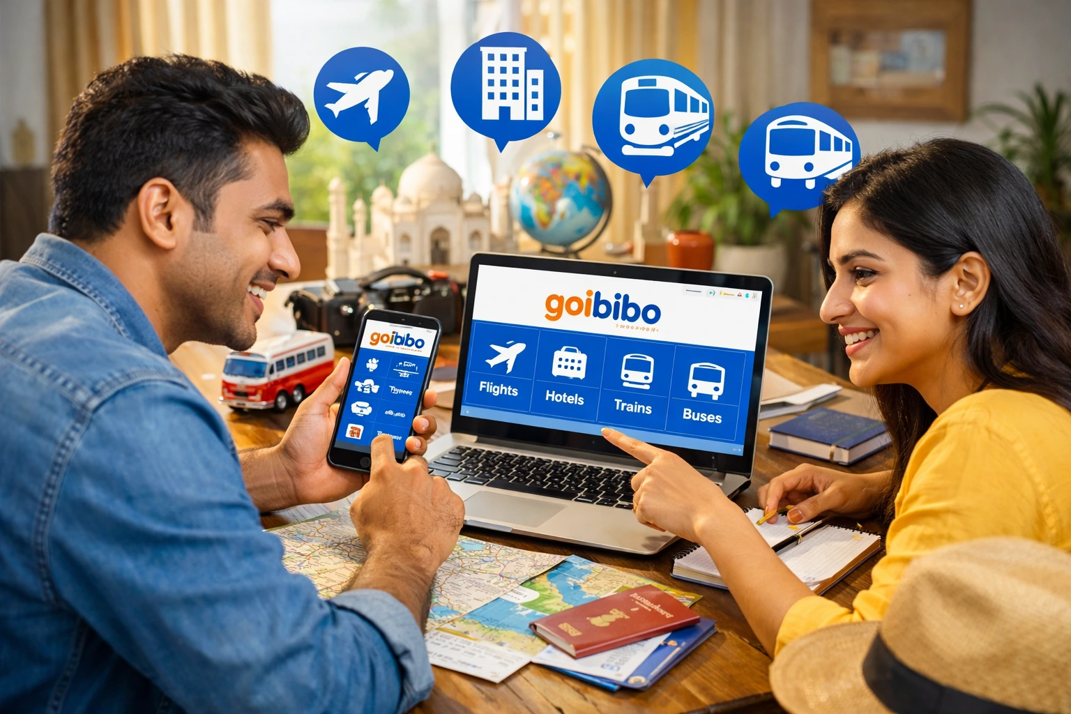 Indian travelers planning a trip using Goibibo for flights hotels trains and buses