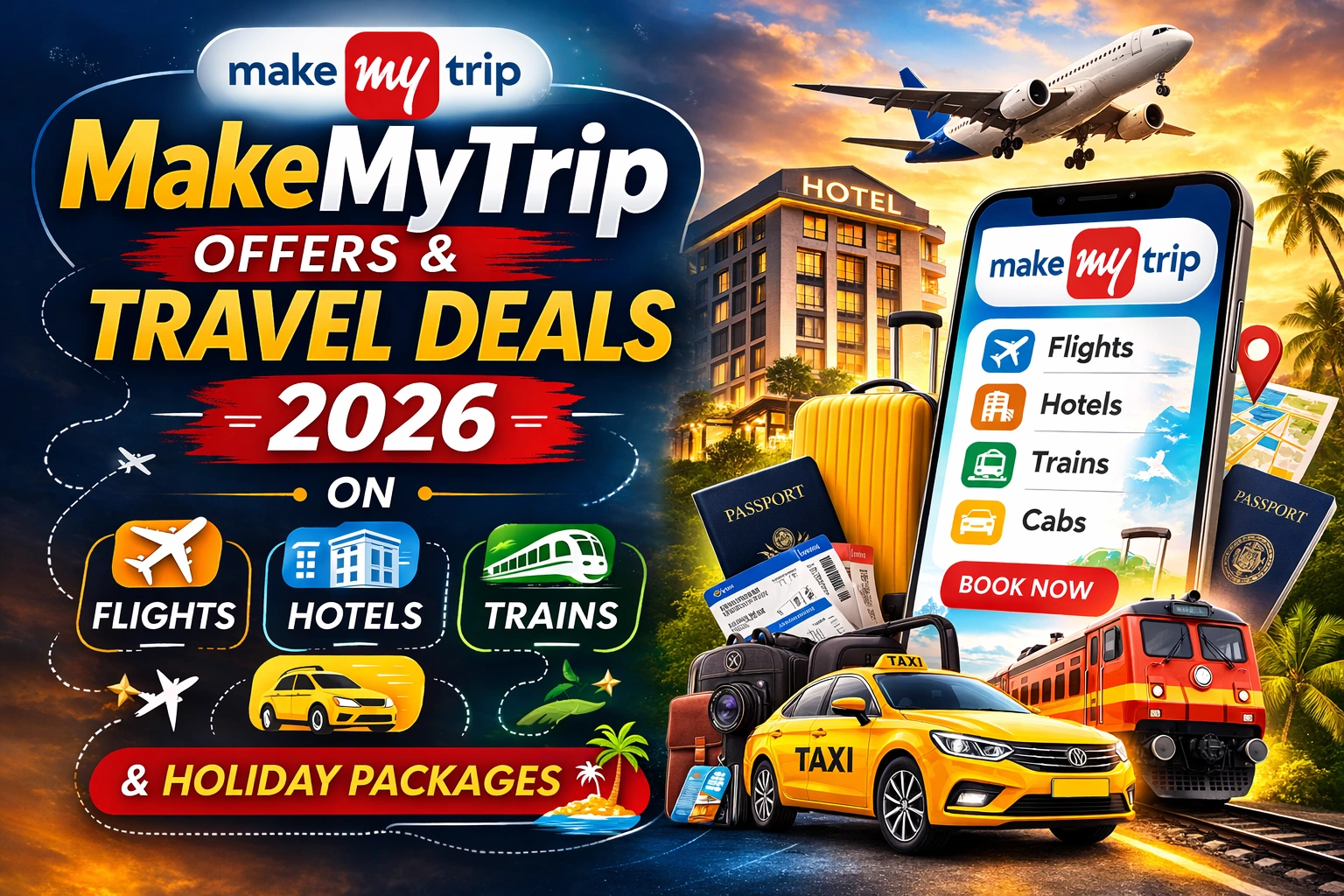 MakeMyTrip offers and travel deals 2026 on flights hotels trains cabs and holiday packages