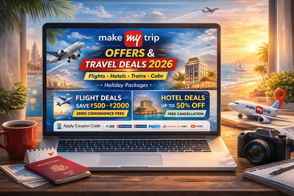MakeMyTrip flight and hotel booking deals displayed on laptop screen
