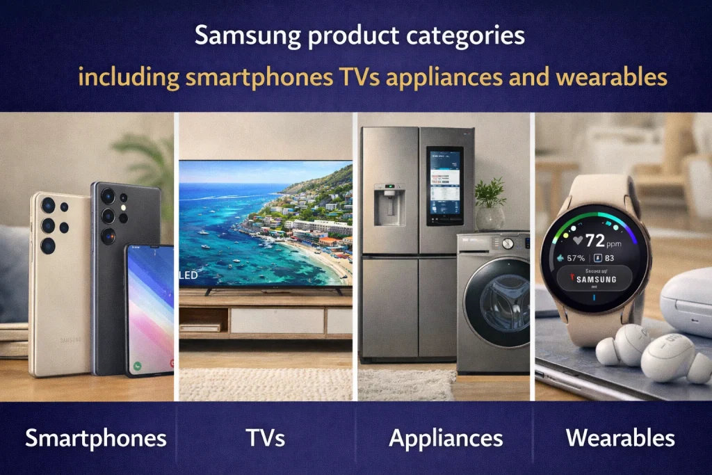 Samsung product categories including smartphones TVs appliances and wearables