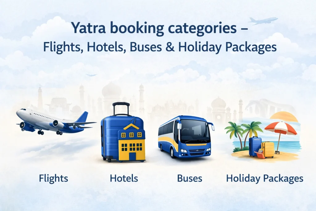 Yatra booking categories including flights hotels buses and holiday packages
