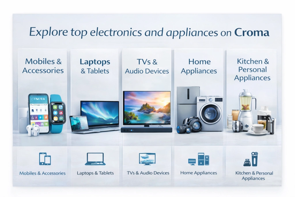 Croma electronics products categories smartphones laptops TVs home appliances India
