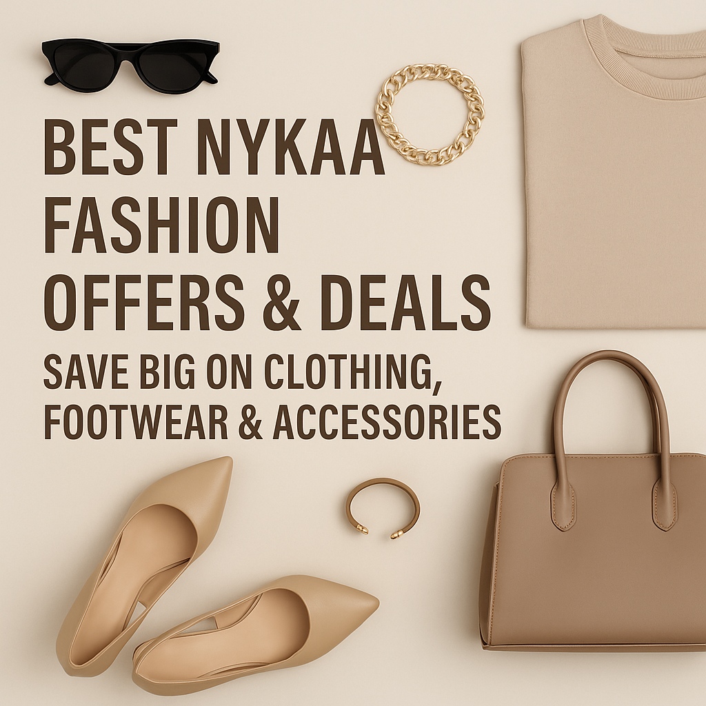 “Neutral beige fashion flat lay featuring sunglasses, sweater, handbag, heels and gold bracelet with text Best Nykaa Fashion Offers & Deals.”