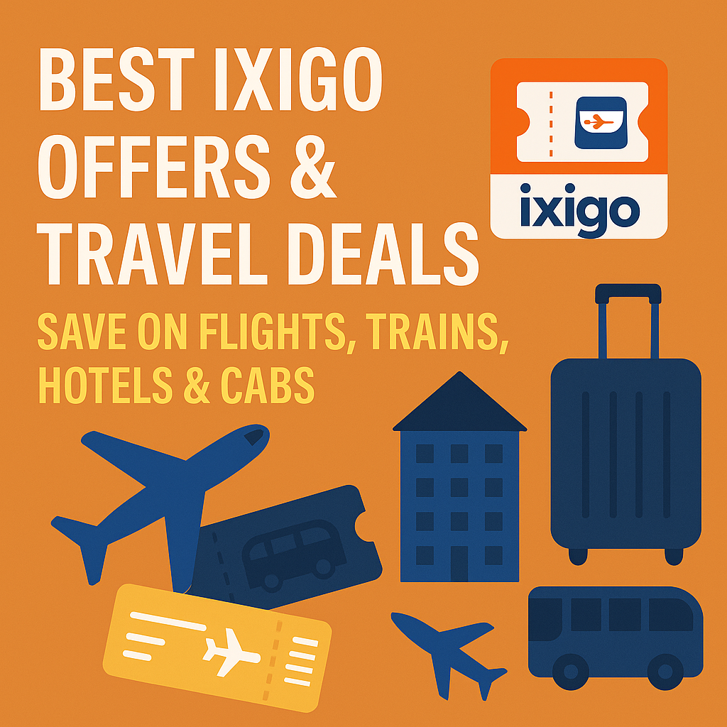 “Travel flat lay with suitcase, airplane, passport and ixigo-inspired travel icon in orange-blue theme promoting travel offers.”