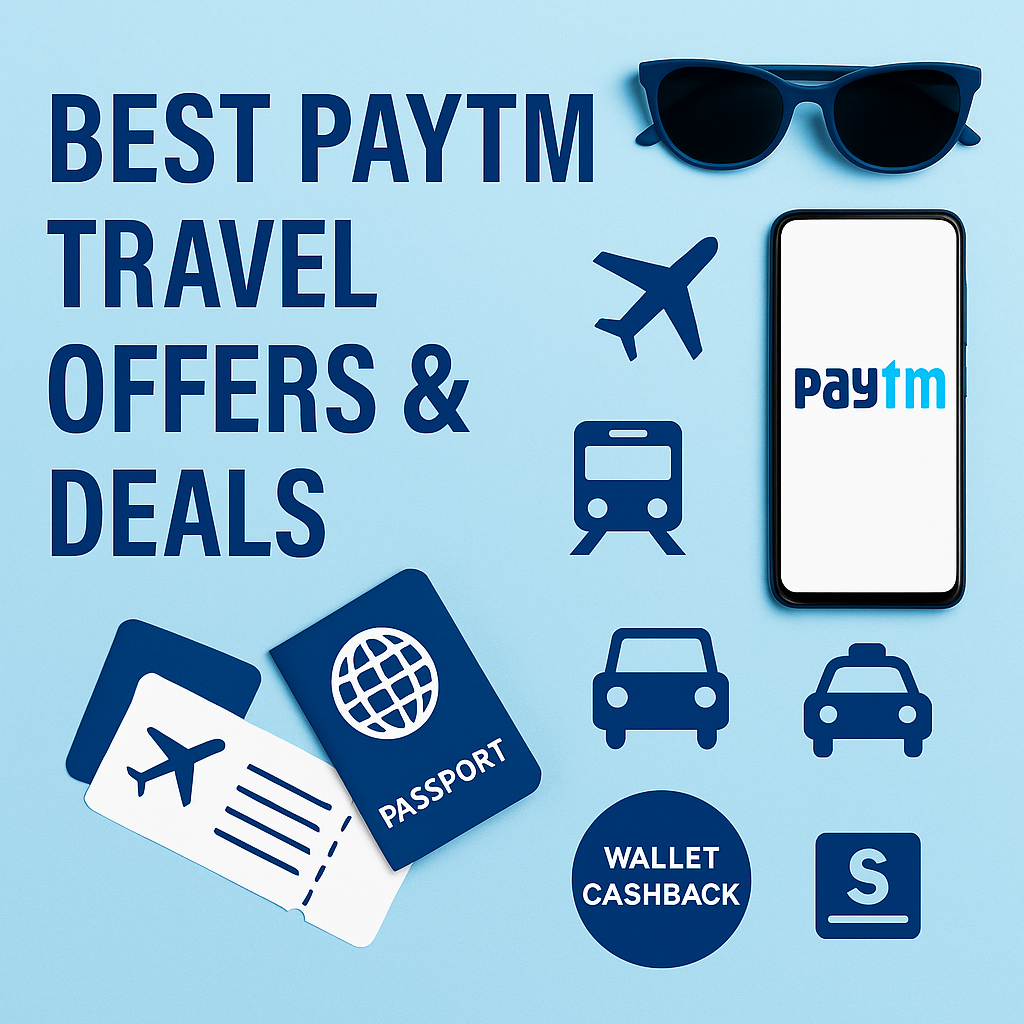 “Blue and white Paytm Travel banner showing airplane, passport, transport icons, wallet cashback symbol, and text Best Paytm Travel Offers & Deals.”