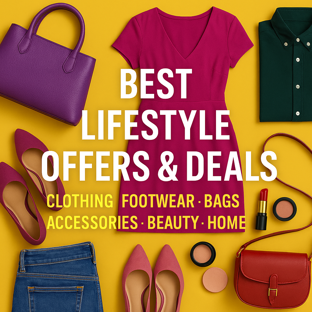 “Colorful Lifestyle fashion flat lay featuring shirts, beauty items, shoes, accessories and text Best Lifestyle Offers & Deals.”