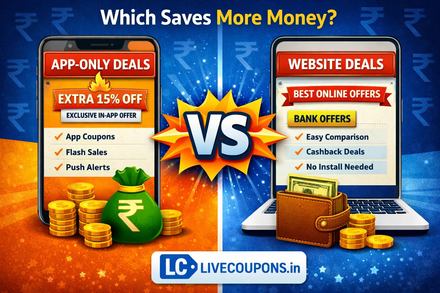 App-only deals vs website deals comparison showing where each saves more money in India