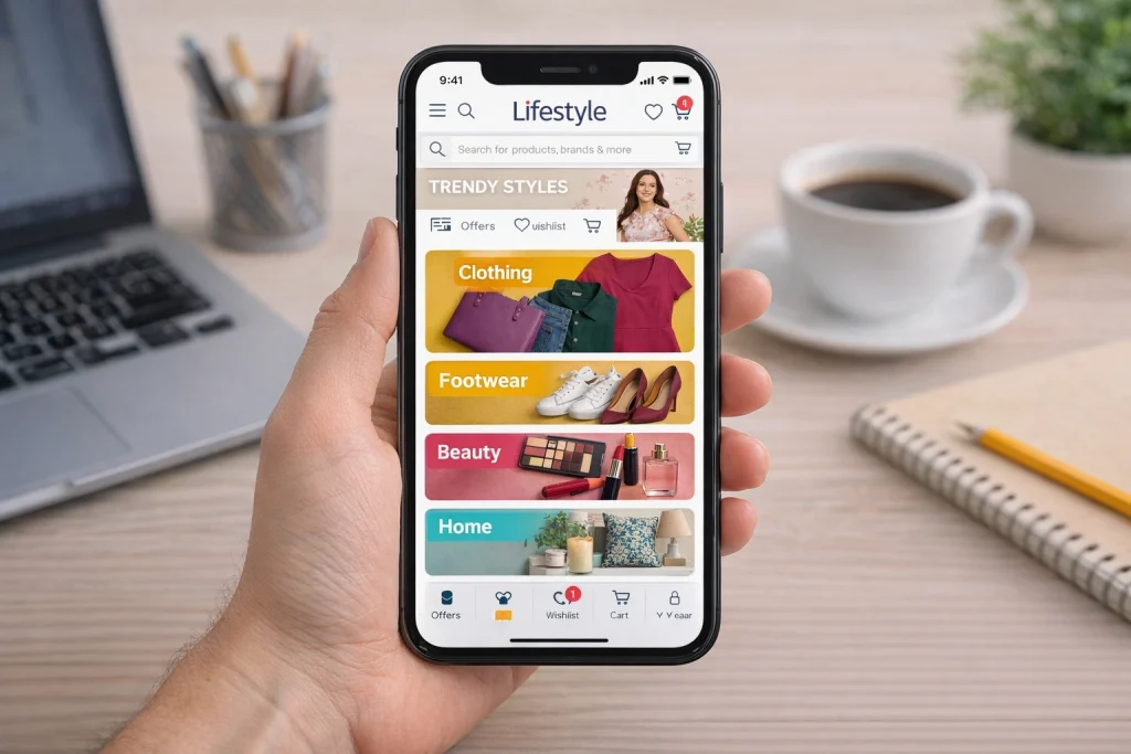 Lifestyle online shopping platform showing clothing footwear beauty and home categories