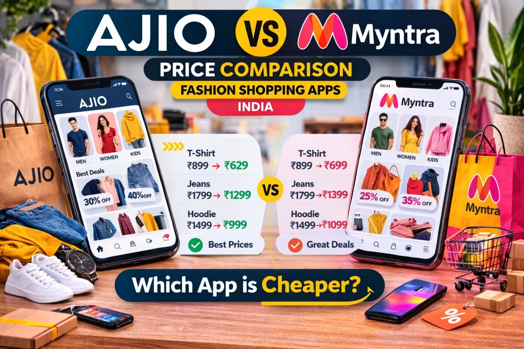 AJIO vs Myntra price comparison fashion shopping apps India