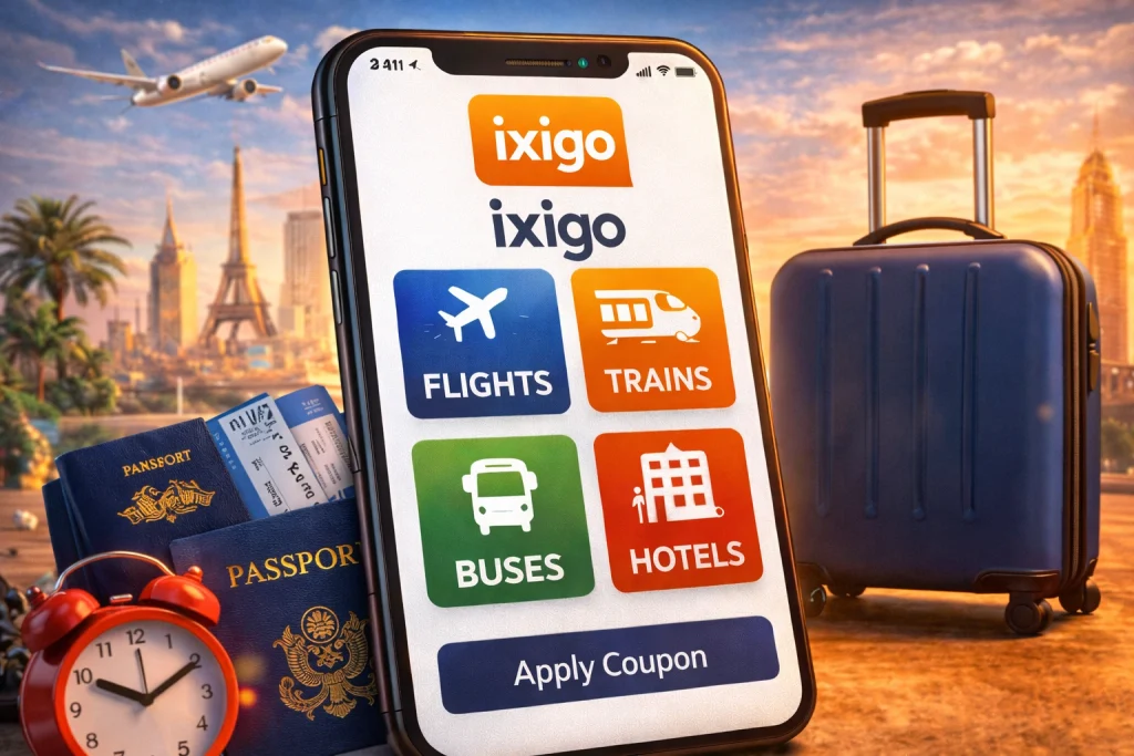 ixigo travel booking app showing flight train bus and hotel booking options