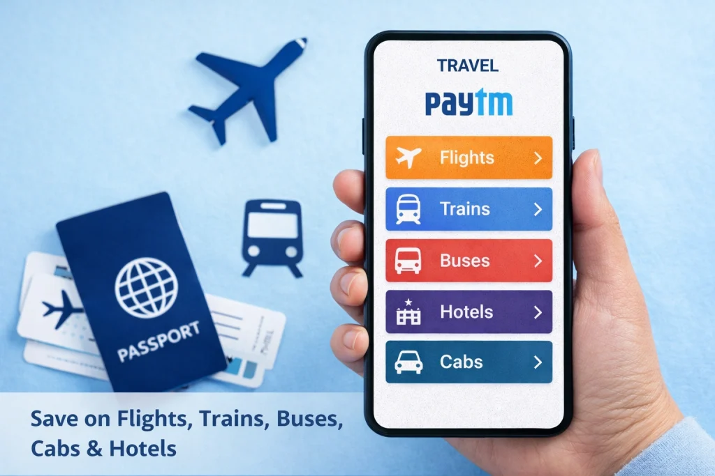 Paytm travel booking app interface showing flight train bus hotel and cab options