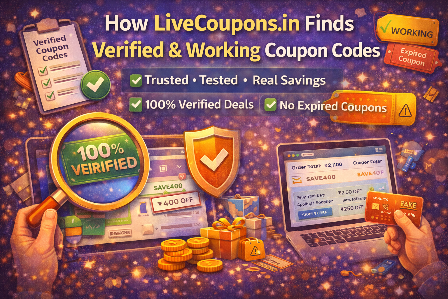 Process showing how verified and working coupon codes are found and tested in India