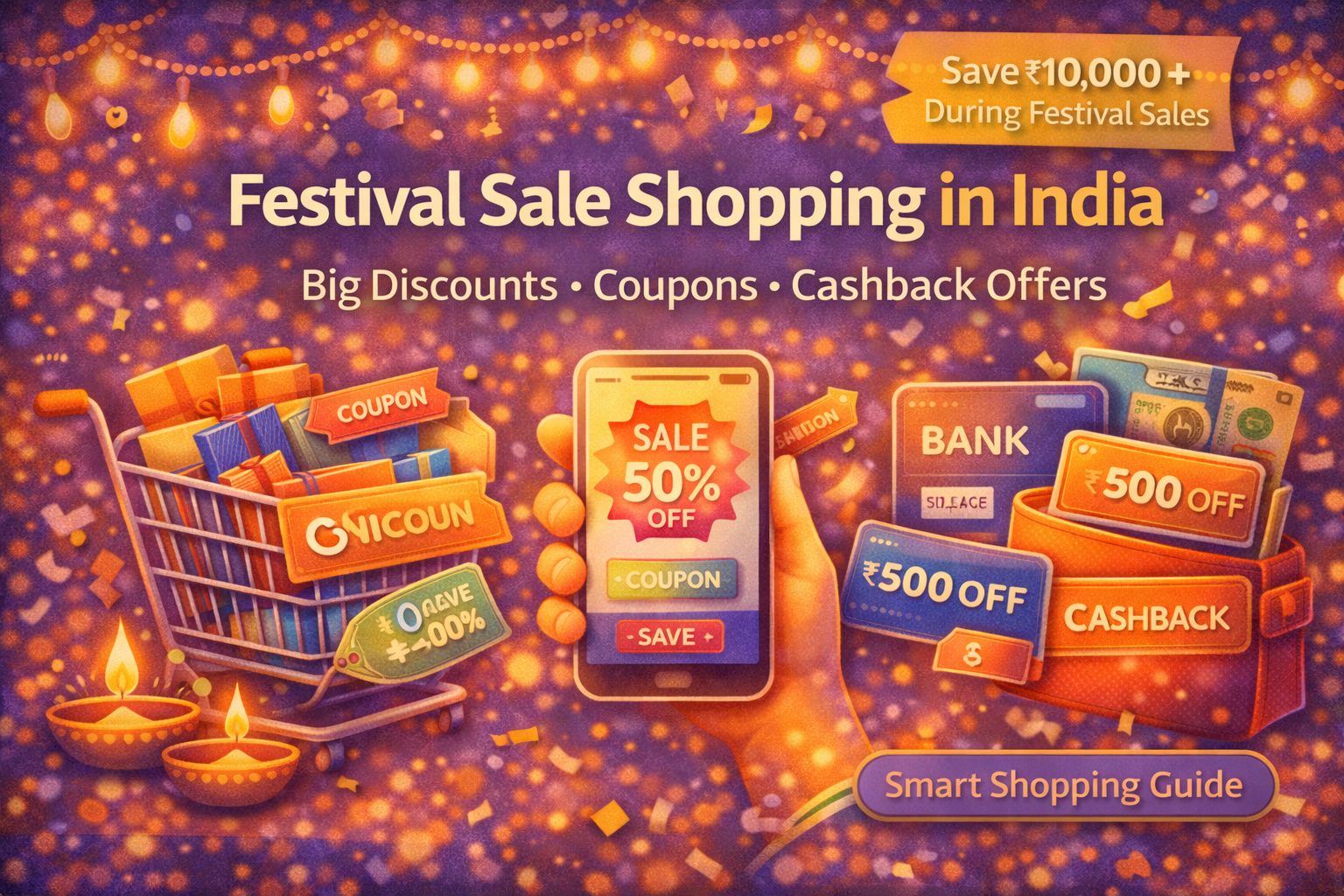 Festival sale shopping in India showing big discounts, coupons, and cashback offers